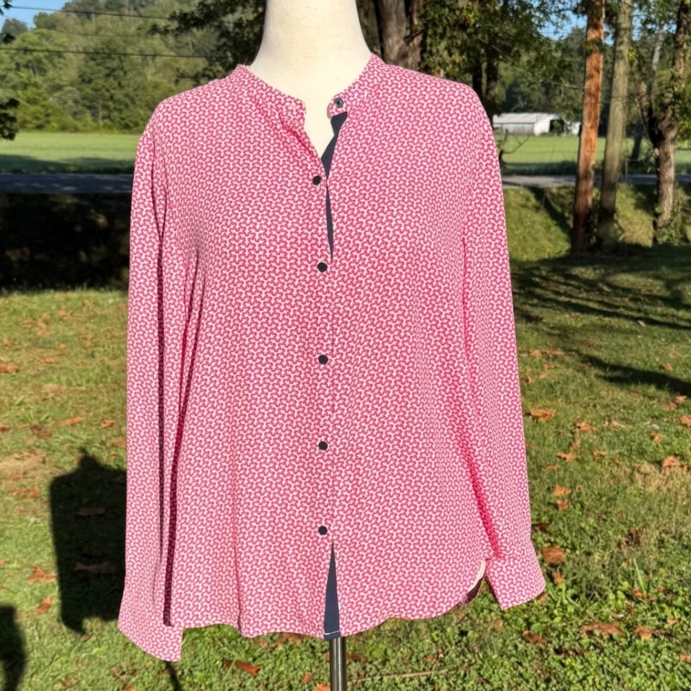 Nautica Women XL Pink White Geometric Print Band Collar Button Down Blouse NWT